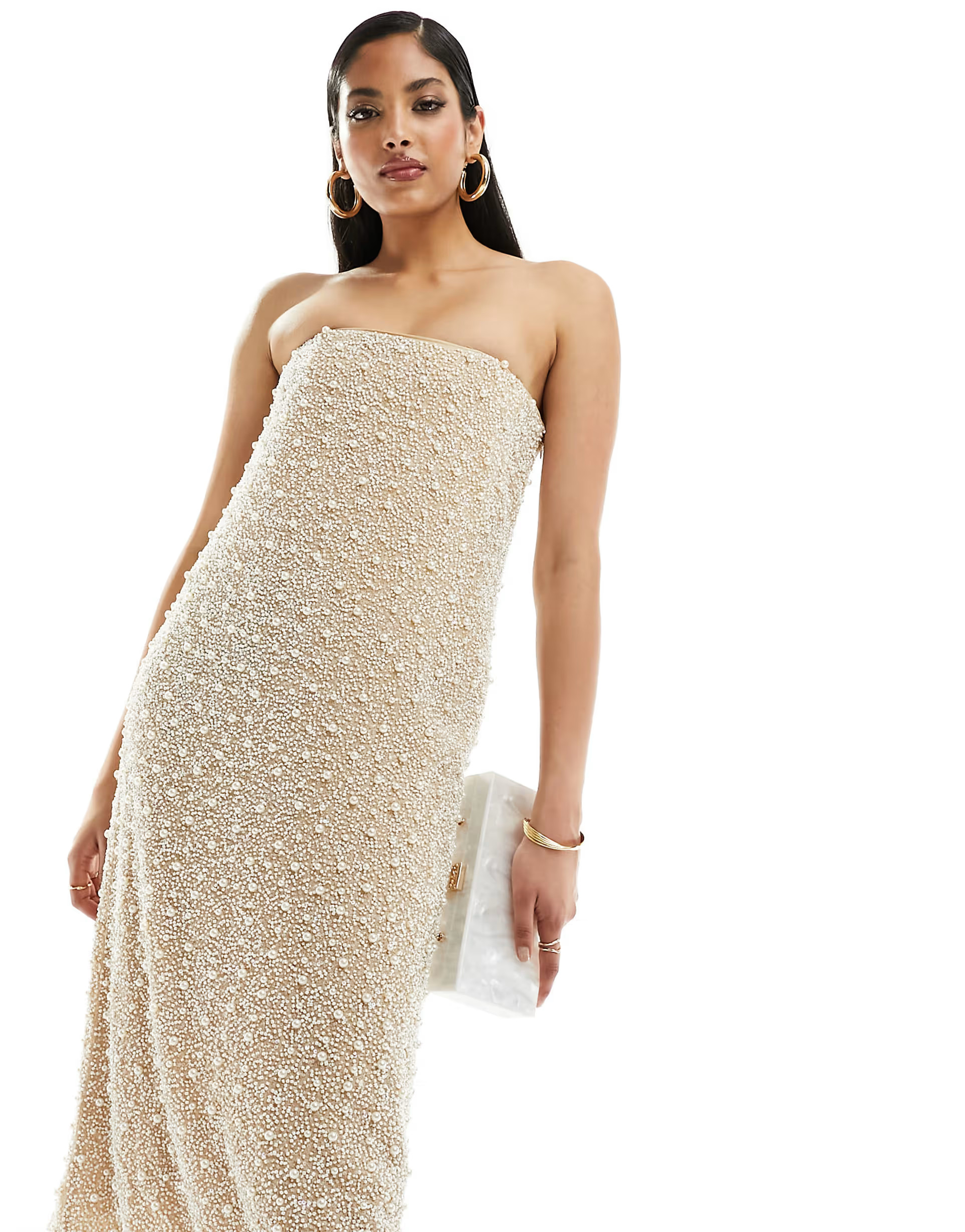 & Other Stories bandeau midi dress with sequin and faux pearl embellishment in champagne | ASOS (Global)