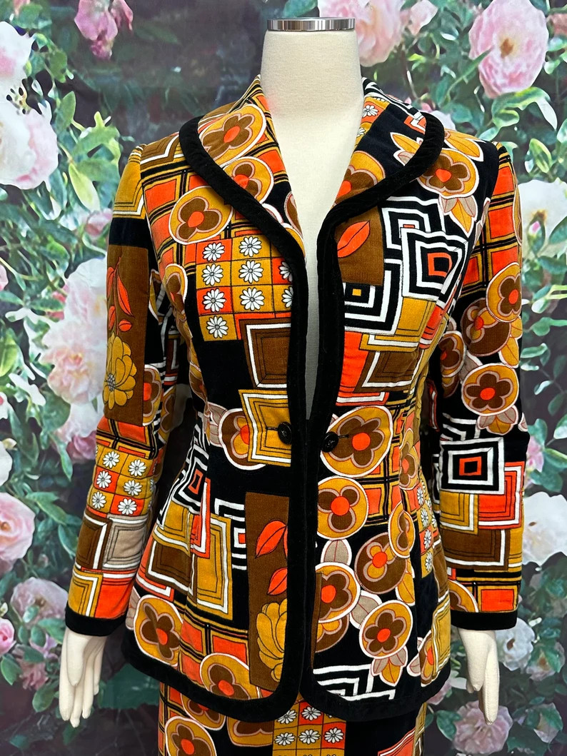 Vintage 1960s Psychedelic Orange Maxi Skirt & Blazer Set | Mod Floral Velvet Two Piece | Etsy (US)