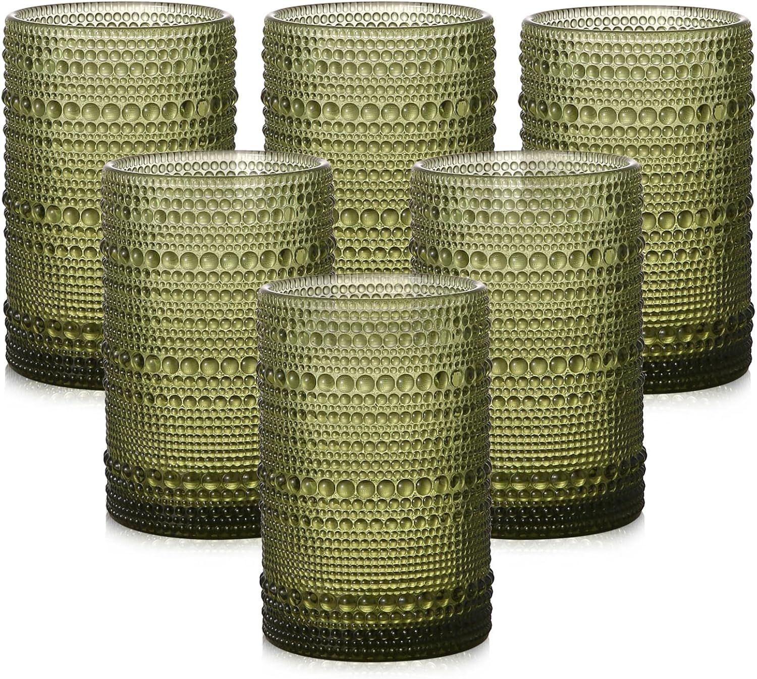 Vintage Glassware Drinking Glasses Set of 6,15 oz Hobnail Glass Cups,Embossed Green Water Tumbler... | Amazon (US)