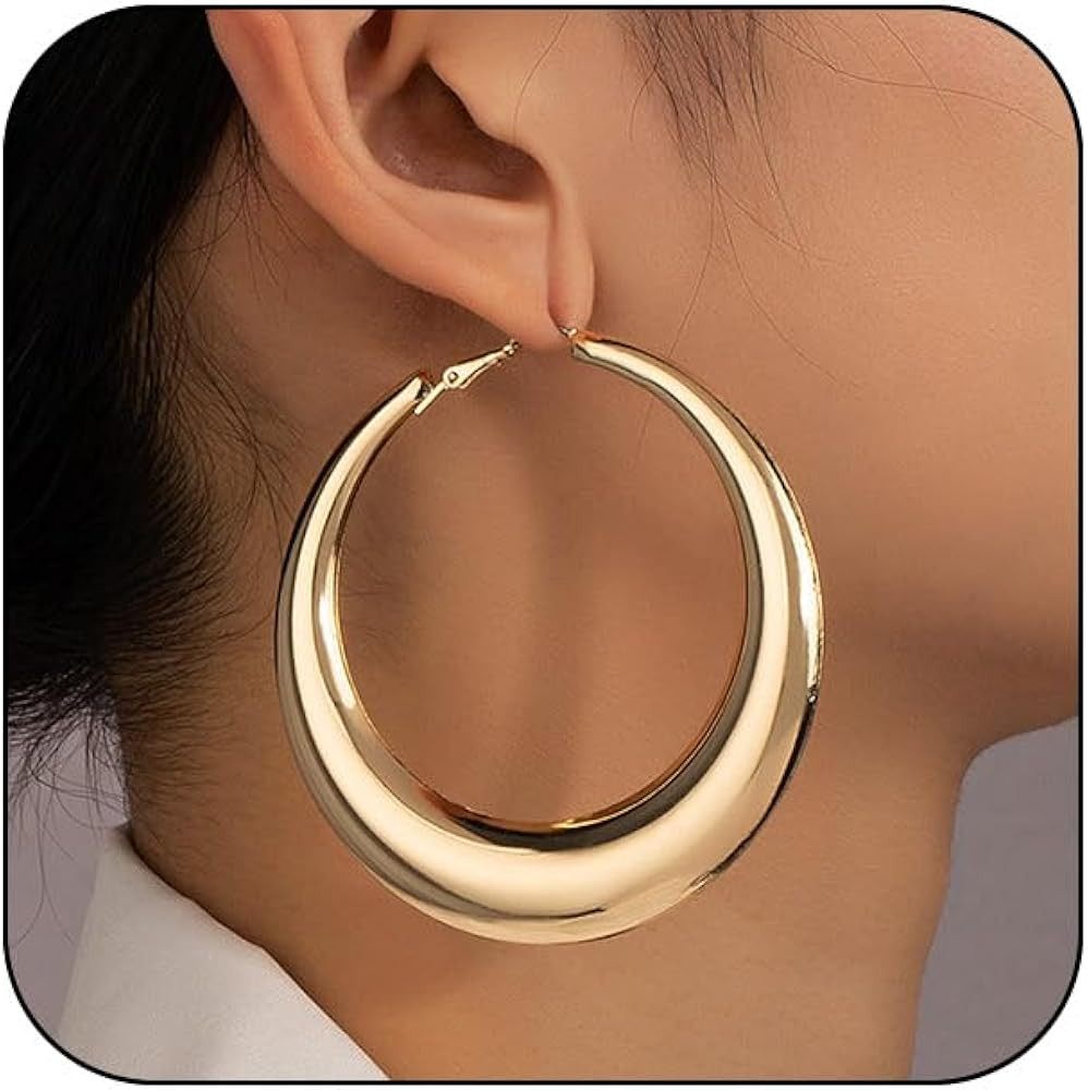 Chunky Gold Large Hoop Earrings for Women, Dainty 14K Gold Big Circle Round Statement Earrings Si... | Amazon (US)