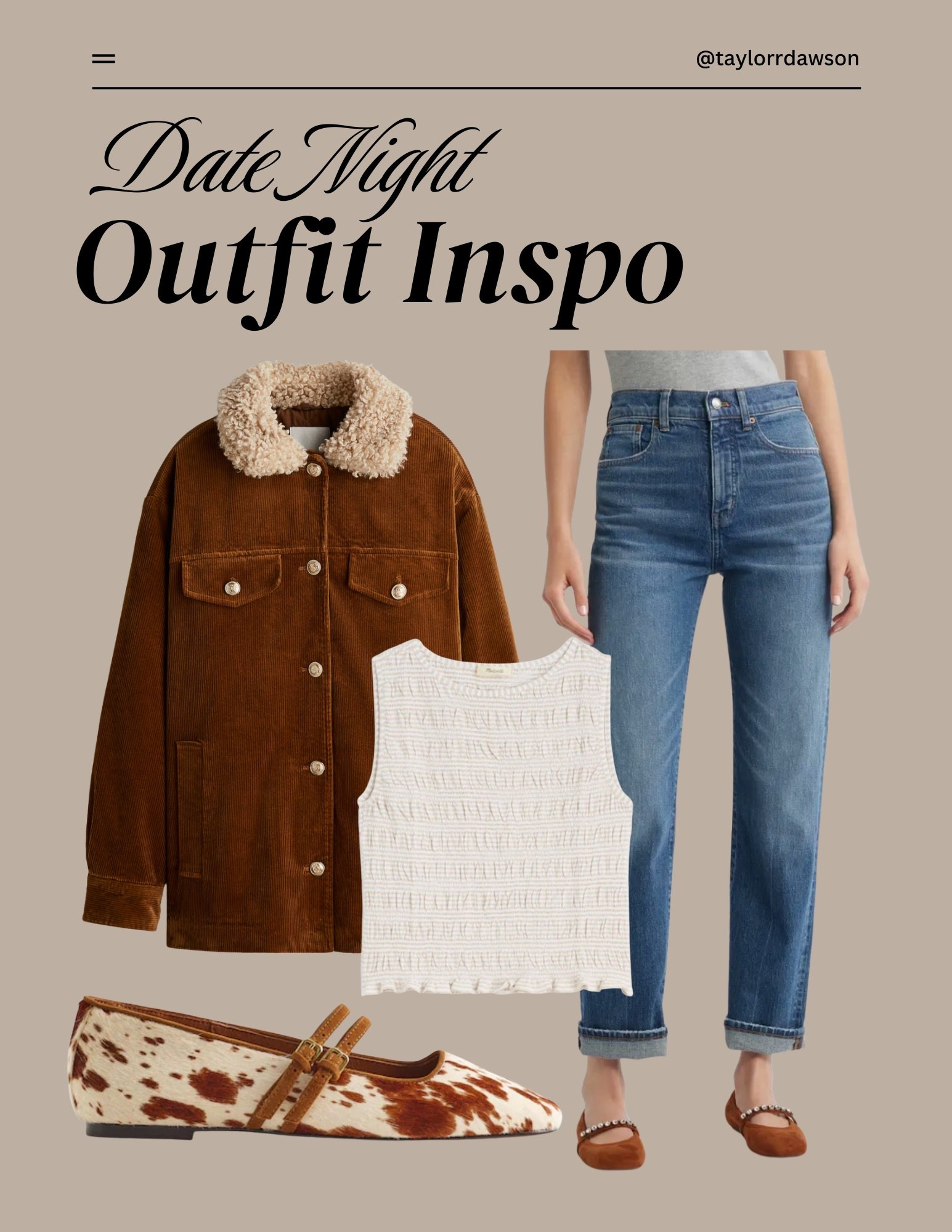 Fall date night outfit idea!

fall outfit, date night, corduroy, fall coat, ballet flats, cow print, burnt orange, ruffle top, high waisted jeans

#LTKItBag #LTKSeasonal #LTKStyleTip