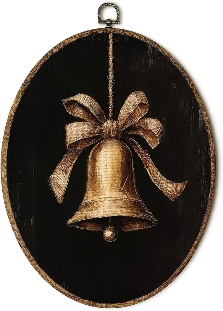 EGVQK Christmas Gold Bell Oval Wall Art, Moody Christmas Bell Framed Canvas Prints Wall Art, Vint... | Amazon (US)