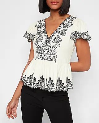 Embroidered V-Neck Peplum Top | Express