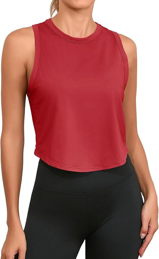 Fisoew Womens Workout Cropped Tank Tops Racerback Sleeveless Crewneck Running Yoga Active Shirts | Amazon (US)