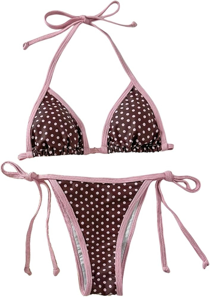 Women's 2 Piece Gingham Bikini Set Cute Triangle Thong Bikini Halter String Bathing Suit High Cut... | Amazon (US)