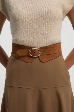 Wide Buckle Detail Suede Belt | Karen Millen US