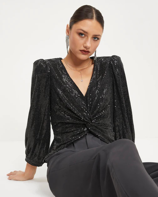 Disco Queen Twisted Front Sequin Top - Black - SALE | VICI