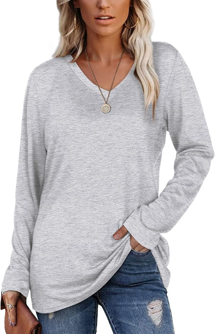 SAMPEEL Women's Spring T-Shirts V Neck Tops Long Sleeve Shirts Loose Fit | Amazon (US)