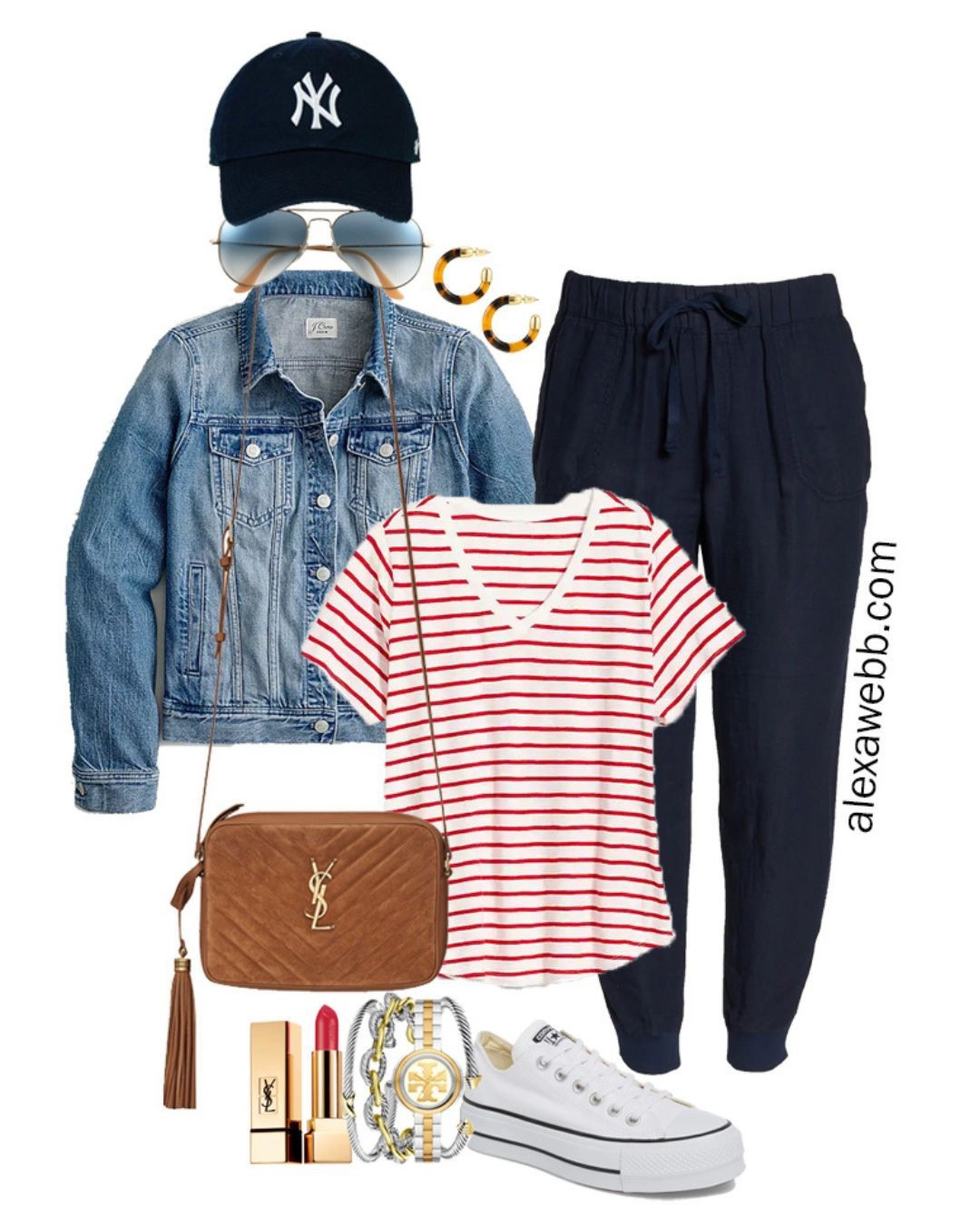 Plus Size Navy Linen Joggers with a baseball cap, red stripe t-shirt, denim jacket, platform Converse sneakers, and Crossbody Bag - Alexa Webb

#LTKSeasonal #LTKStyleTip #LTKPlusSize