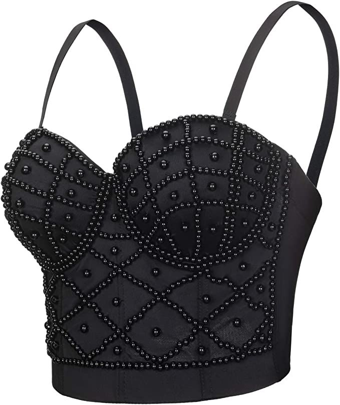 VEENDEO Women's Strap Beads Bustier Corset Crop Top Club Party Bra Overbust | Amazon (US)