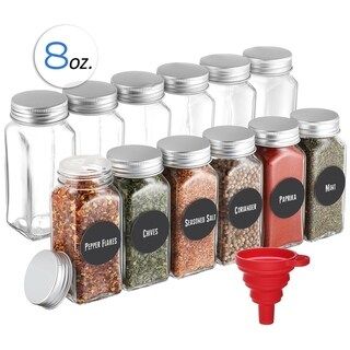 SleekDine 8 oz Glass Spice Jars with Lids - Set of 12 - 5 3/8" x 2 Â¼" with a 1 Â¼" opening (5 3/8"  | Bed Bath & Beyond