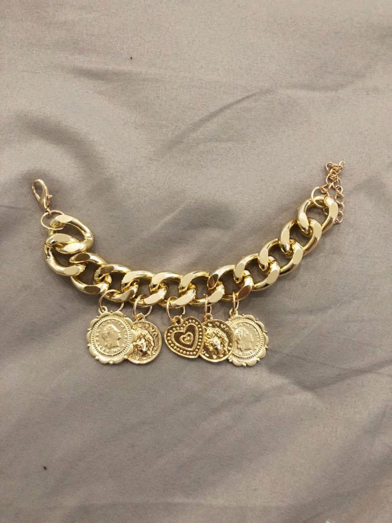 Gold chain bracelet, Chain link bracelet with Coin, Bike chain bracelet womens, Cuban chain brace... | Etsy (US)