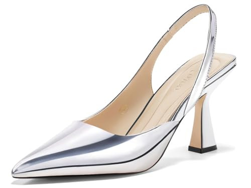 Coutgo Womens Slingback Stiletto High Heels Closed Pointed Toe Pumps D’Orsay Sexy Office Dress Shoes, Silver, Size 6 | Amazon (US)