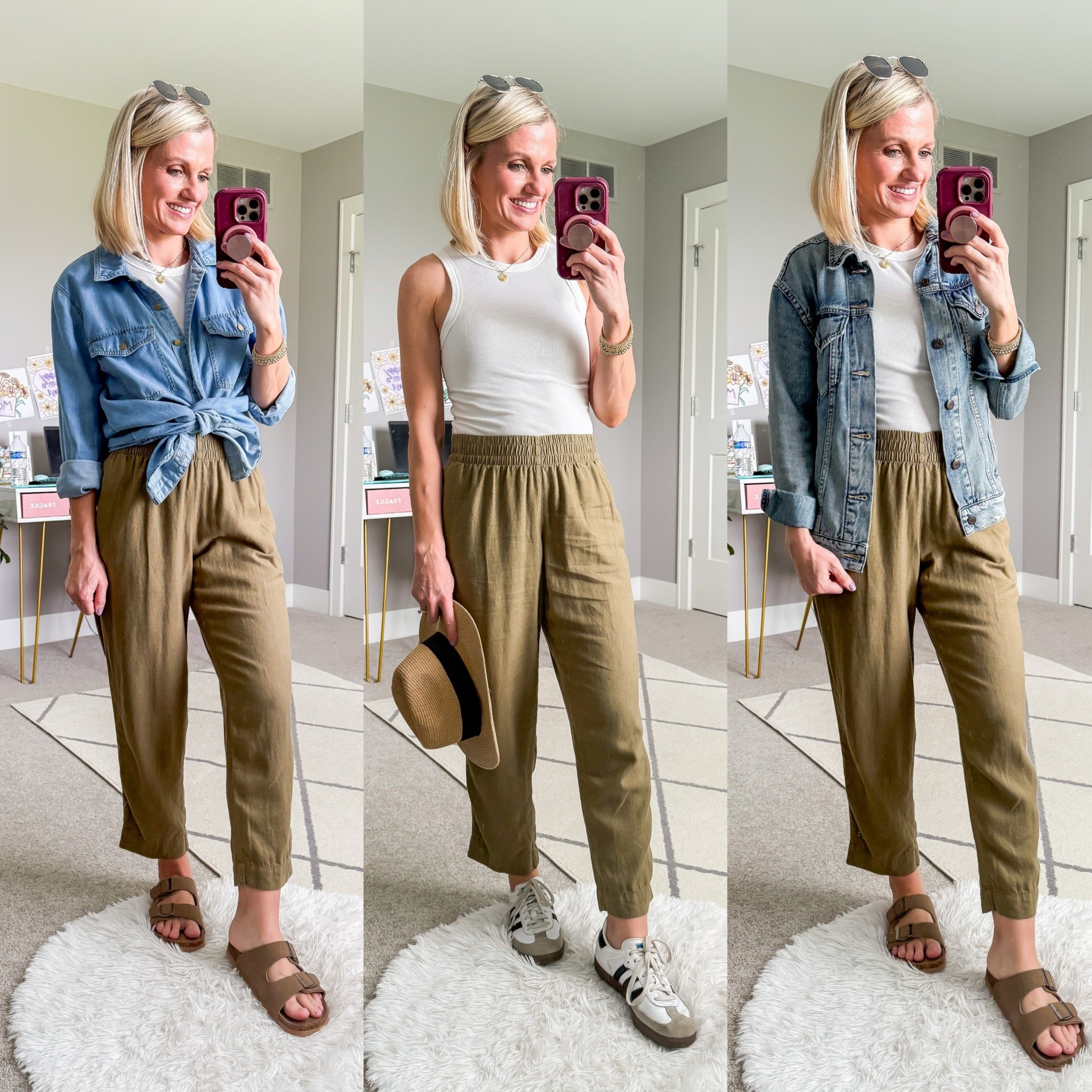 Summer capsule wardrobe outfits with green linen pants  

#LTKStyleTip #LTKOver40