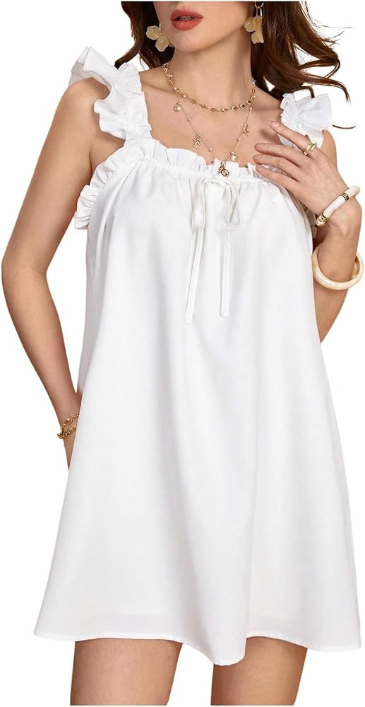 SweatyRocks Women's Summer Sleeveless Mini Dresses Tie Front Frilled A Line Sundress | Amazon (US)