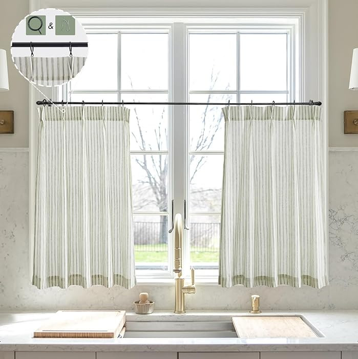 LIMON HOME Sage Green Kitchen Curtains for Half Window,24 inch Length Striped Pinch Pleat Cafe Cu... | Amazon (US)