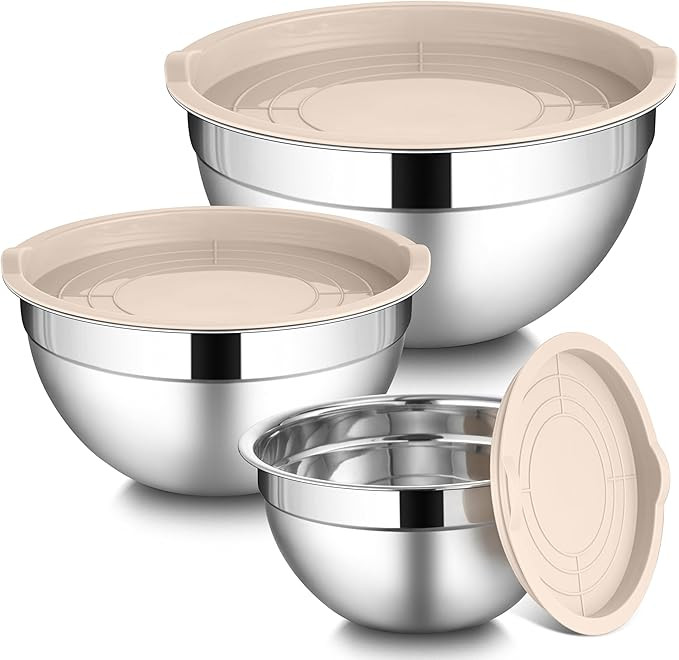 LIANYU Mixing Bowls with Airtight Lids Sets, 3 Packs Stainless Steel Metal Mixing Bowls, Ideal fo... | Amazon (US)