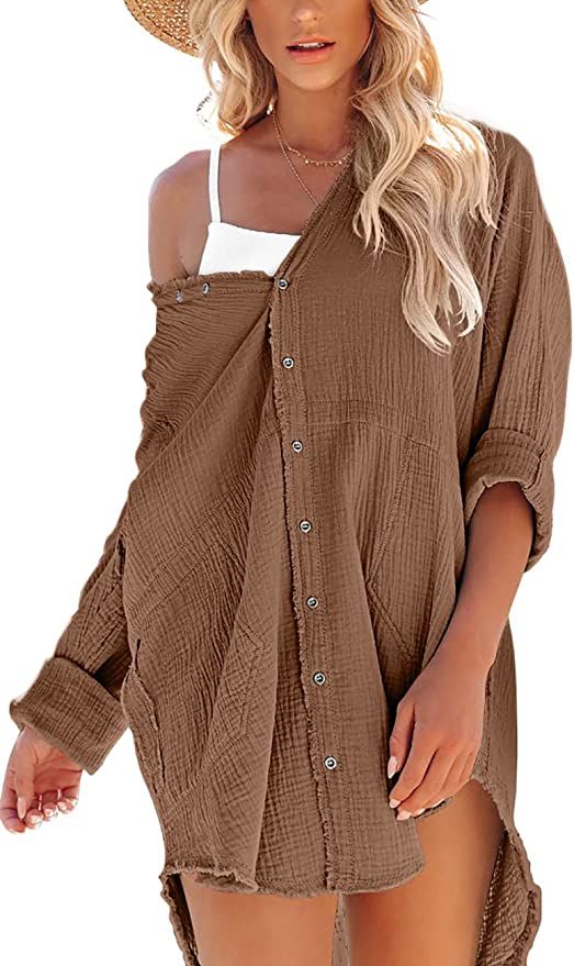 GOBLES Women's Casual Long Sleeve Oversized Blouses Irregular Hem Button Down Loose Fitting Shirt... | Amazon (US)
