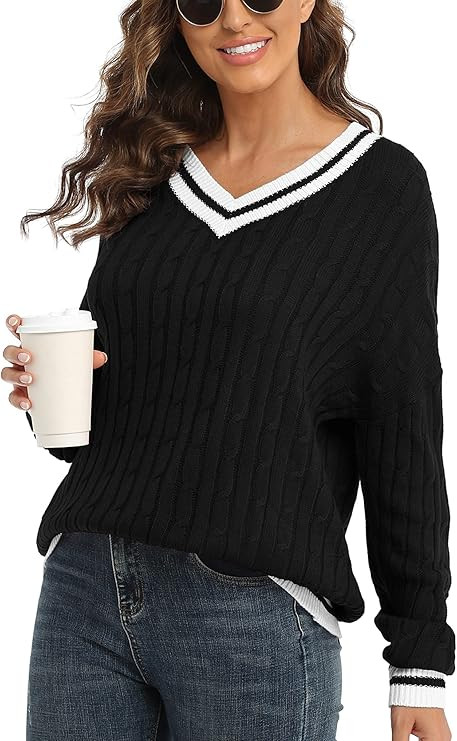 VIISHOW Women's Casual Winter V Neck Long Sleeve Cable Knitted Color Block Chunky Sweater Pullove... | Amazon (US)