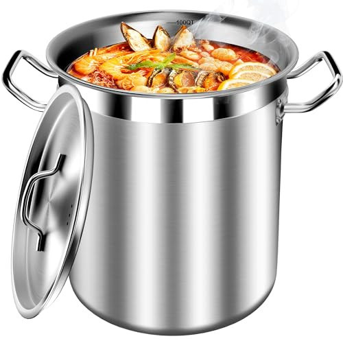 Extra-Large Stainless Steel Stock Pot – Commercial Heavy Duty Soup Pot with Lid, 3-Ply Base for Fast Heating, Ideal for Seafood Boils and Outdoor Cooking - 100 Quart | Amazon (US)
