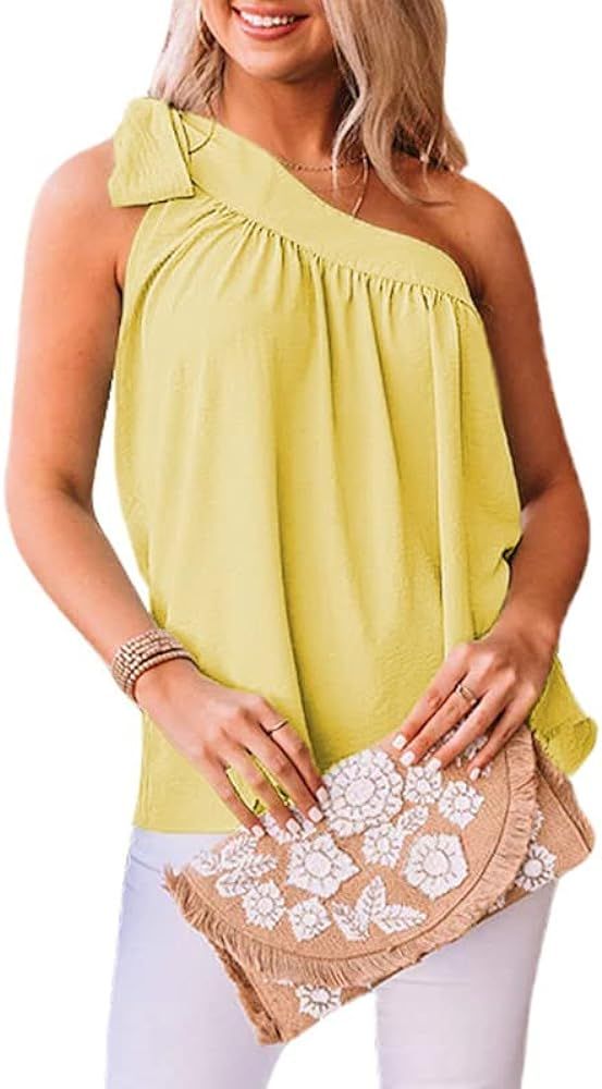 Dokotoo Womens Spring Summer One Shoulder Solid Tunic Shirts Tie Knot Loose Tank Top | Amazon (US)