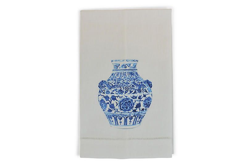 S/2 Yang Vase Lion Guest Towels, White/Multi | One Kings Lane