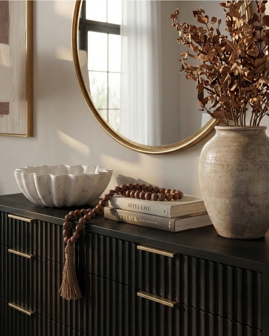 Shop the Look: Bedroom Refresh
• Dark wood bed frame with curved headboard
• Crisp white bedding set (duvet + sheets)
• Warm brown accent pillows
• Textured knit or woven throw blanket (camel/brown)
• Ivory boucle bench stools (set of two)
• Vintage-style patterned area rug (neutral brown + taupe tones)
• Wood nightstands with drawers
• Table lamps with white drum shades
• Wall sconces with brass detail
• Framed landscape artwork above bed
• Organic-shaped wall mirrors (brass frame)
• Black fluted dresser with brass hardware
• Round brass wall mirror
• Sculptural white ceramic bowl
• Decorative books with wood bead garland
• Neutral ceramic vase with dried branches
• Upholstered accent chair (cream fabric, wood frame)
• Slim brass floor lamp with white shade

#LTKhome #LTKsale #LTKstyletip