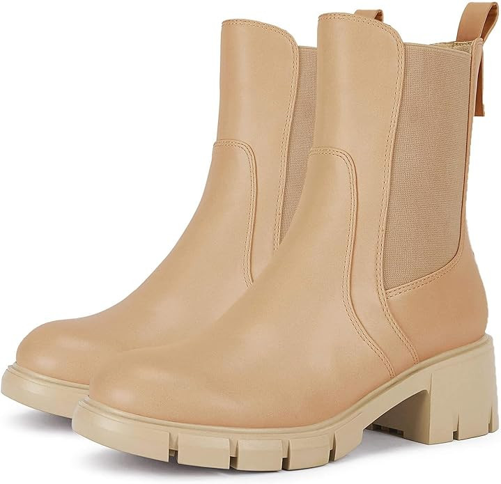 Coutgo Womens Ankle Boots Combat Chelsea Lug Sole Chunky Mid Heel Round Toe Booties Fashion Shoes | Amazon (US)