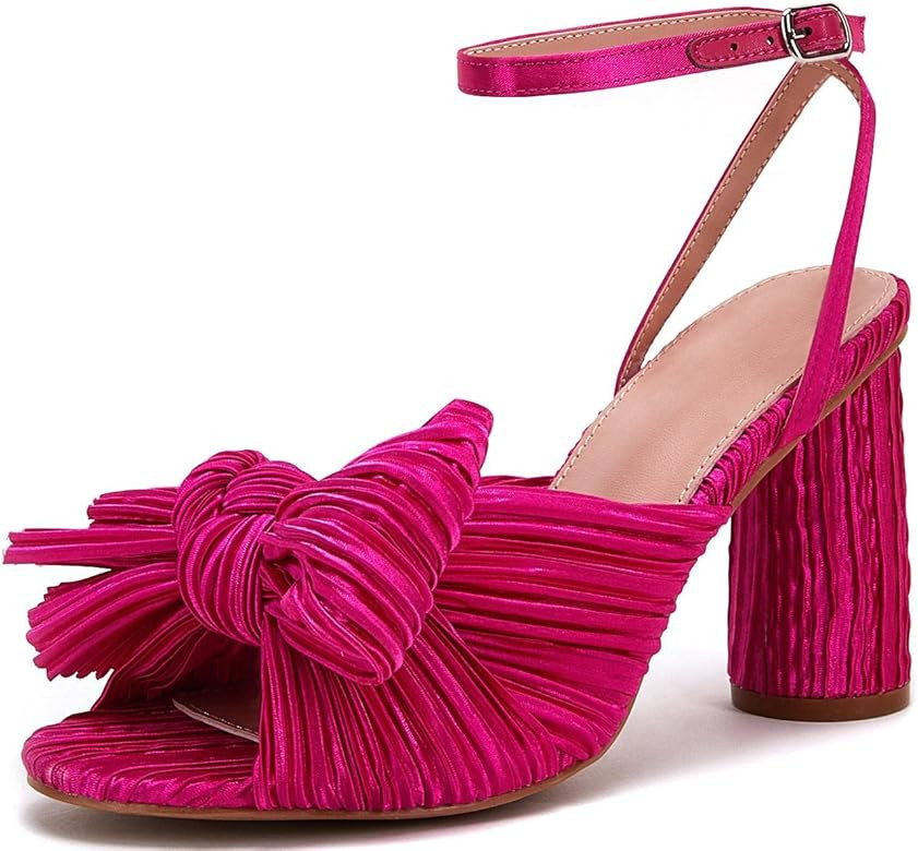 VETASTE Women's Bow Knot Heeled Sandals Bridal Wedding Open Toe Ankle Strap Chunky Heels | Amazon (US)