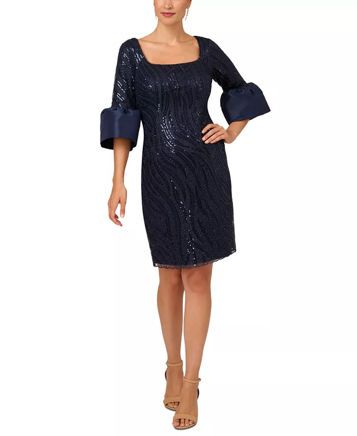 Adrianna Papell Women's Sequin-Embroidered Bell-Sleeve Dress - Macy's | Macy's