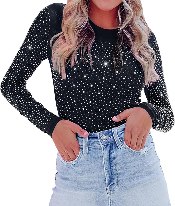 Outoshe Women's Shiny Rhinestone Turtle Neck Long Sleeve Bodysuit Top Zip Back Leotard with Thumb... | Amazon (US)