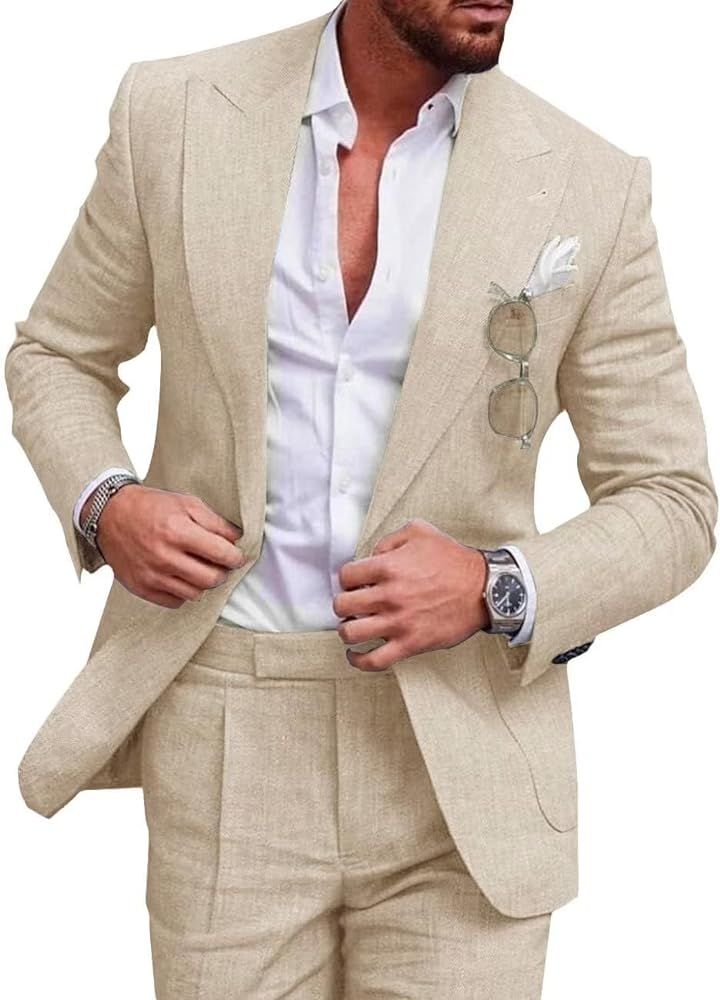 optkeat Mens Linen Suit for Beach Slim Fit 2 Piece Wedding Tuxedo for Men Casual Linen Suit Prom ... | Amazon (US)