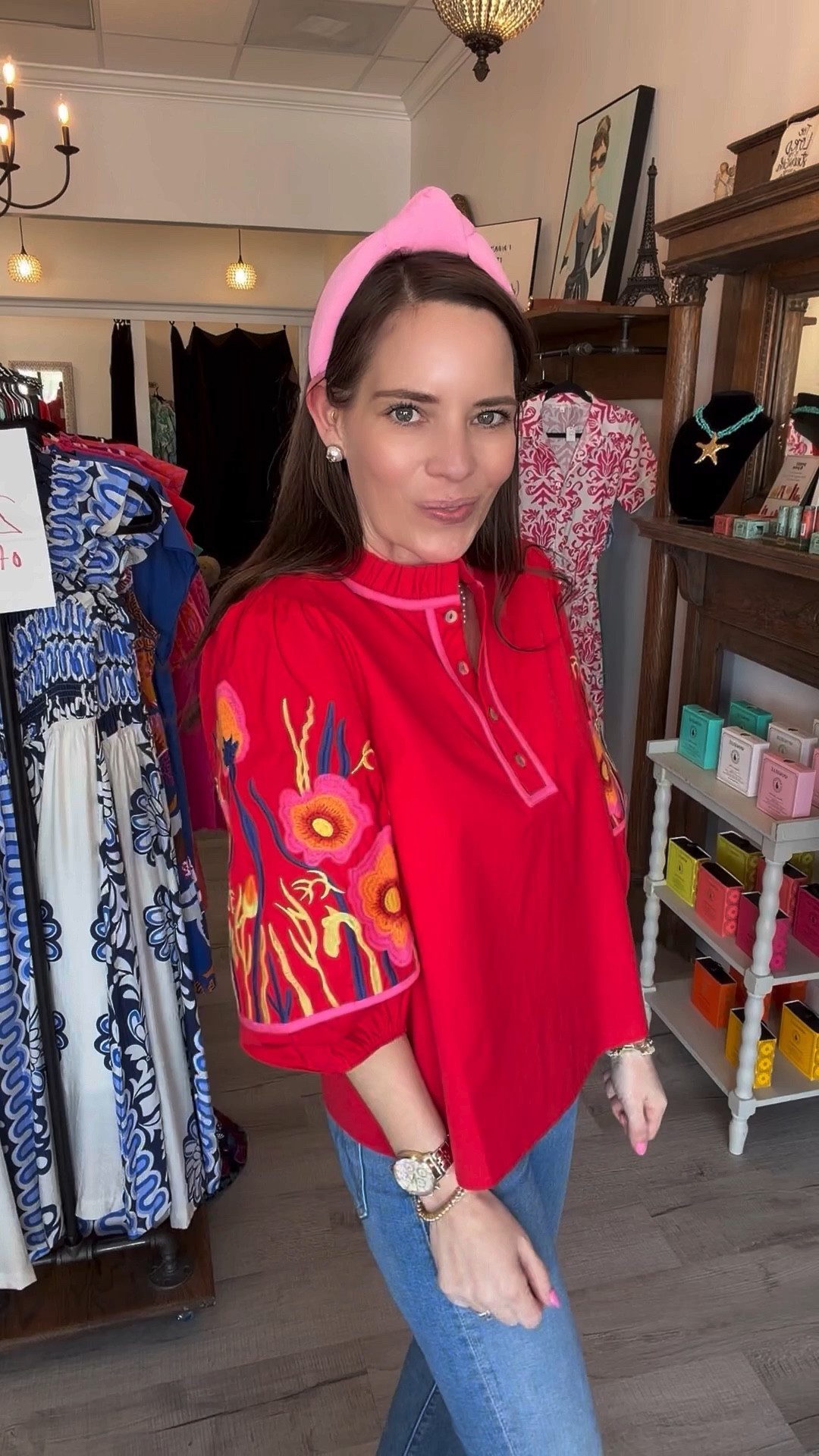 Red Embroidered Sleeve Top & Jeans Outfit

This tomato red blouse is such a fun statement piece ❤️ The colorful floral embroidery on the sleeves adds the prettiest detail, and it pairs perfectly with classic light wash denim. I styled it with gold mesh ballet flats, a pink knot headband, and simple gold jewelry for a bright preppy spring look.

Red embroidered blouse outfit, colorful sleeve top, casual spring outfit, boutique embroidered top, jeans and blouse outfit, preppy everyday style, bright spring outfit idea, gold ballet flats outfit 🌸❤️👖

#LTKPetite #LTKSeasonal #LTKOver40

#LTKOver40 #LTKootd #LTKSeasonal