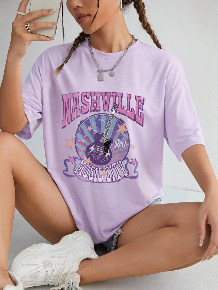 SHEIN EZwear Letter Graphic Drop Shoulder Tee | SHEIN