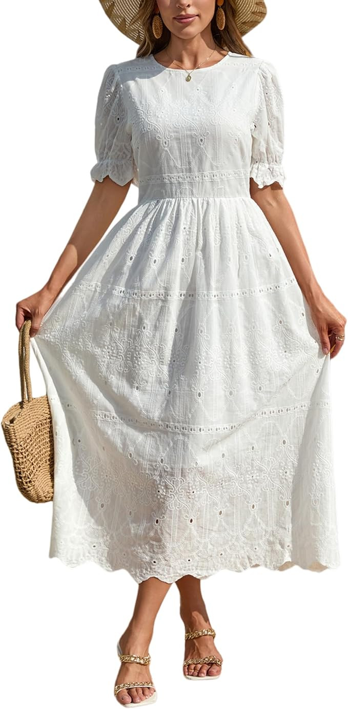 Midi Dress for Women Elegant Dresses Floral Eyelet Puff Sleeve Dress with Cinched Waist Casual Su... | Amazon (US)