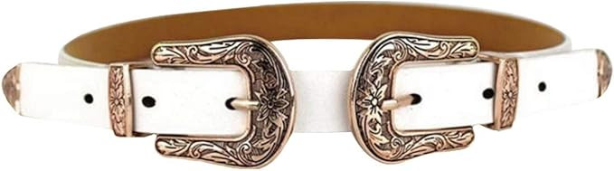 CLARA Women Vintage Western Waist Belt Double Buckle Belt PU Leather Waistband for Jeans Dress | Amazon (US)