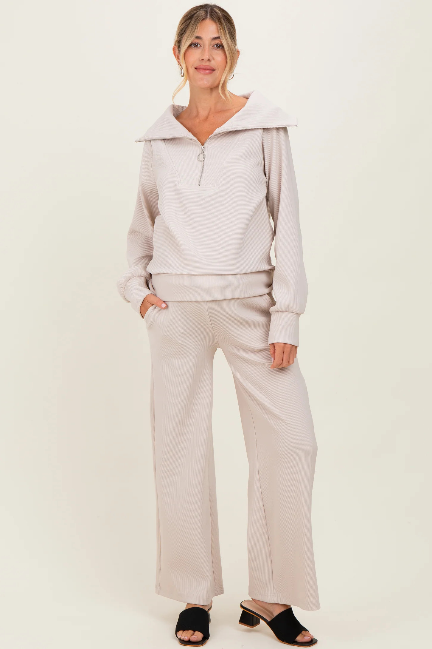 Cream RIbbed Half Zip Pullover Wide Leg Pant Maternity Set | PinkBlush Maternity