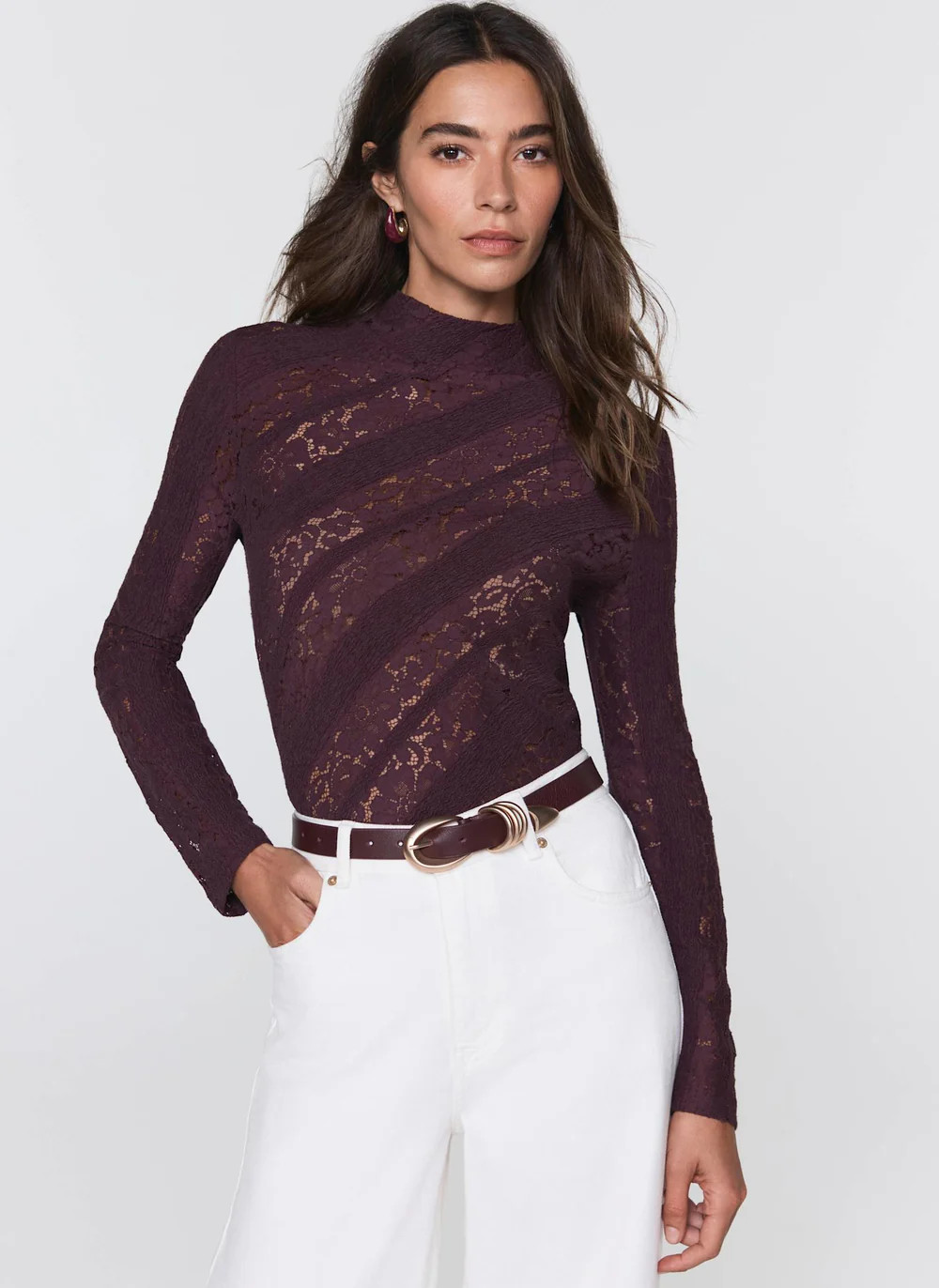 Burgundy Lace High Neck Top | Mint Velvet