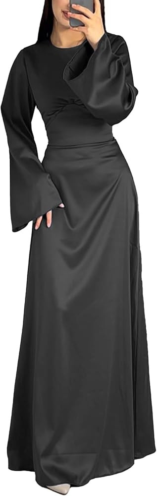 xxxiticat Women's Slip Satin Long Dress Long Sleeve Round Neck Back Lace Up Bandage Tie Wedding P... | Amazon (US)