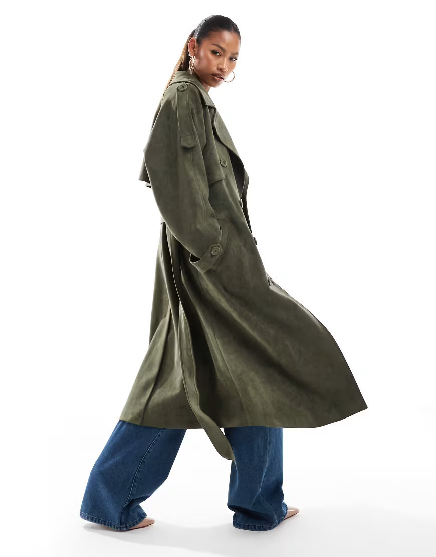Aria Cove faux suede belted trench coat in olive-Green | ASOS (Global)