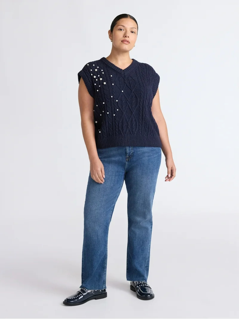Free Assembly Women's Embellished V-Neck Cable Sweater Vest, Sizes XS-XXL | Walmart (US)
