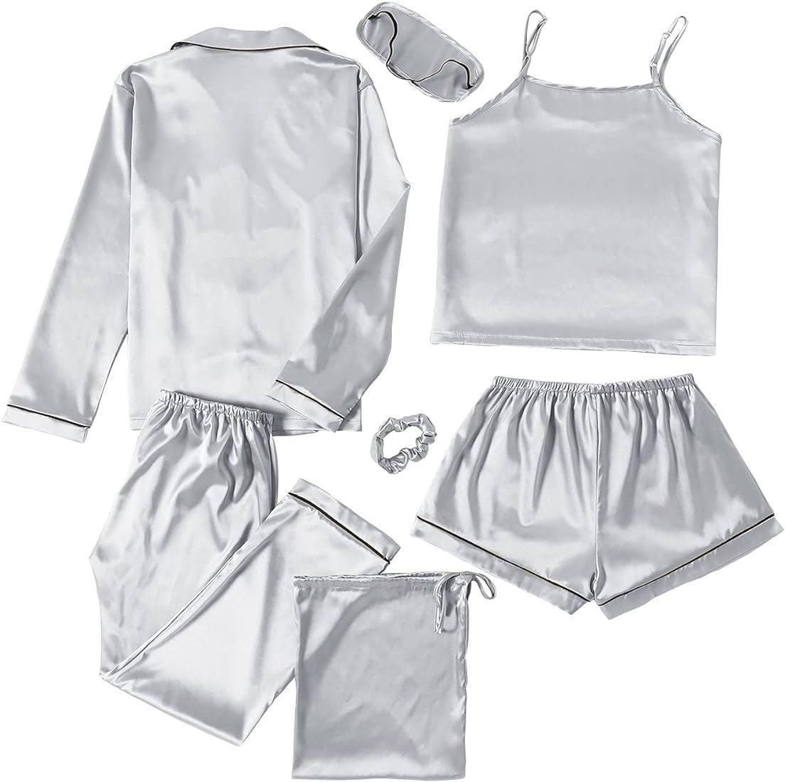 LYANER Women's Pajamas Set 7pcs Silk Satin Sleepwear Loungewear Cami Shirt Pj Set | Amazon (US)