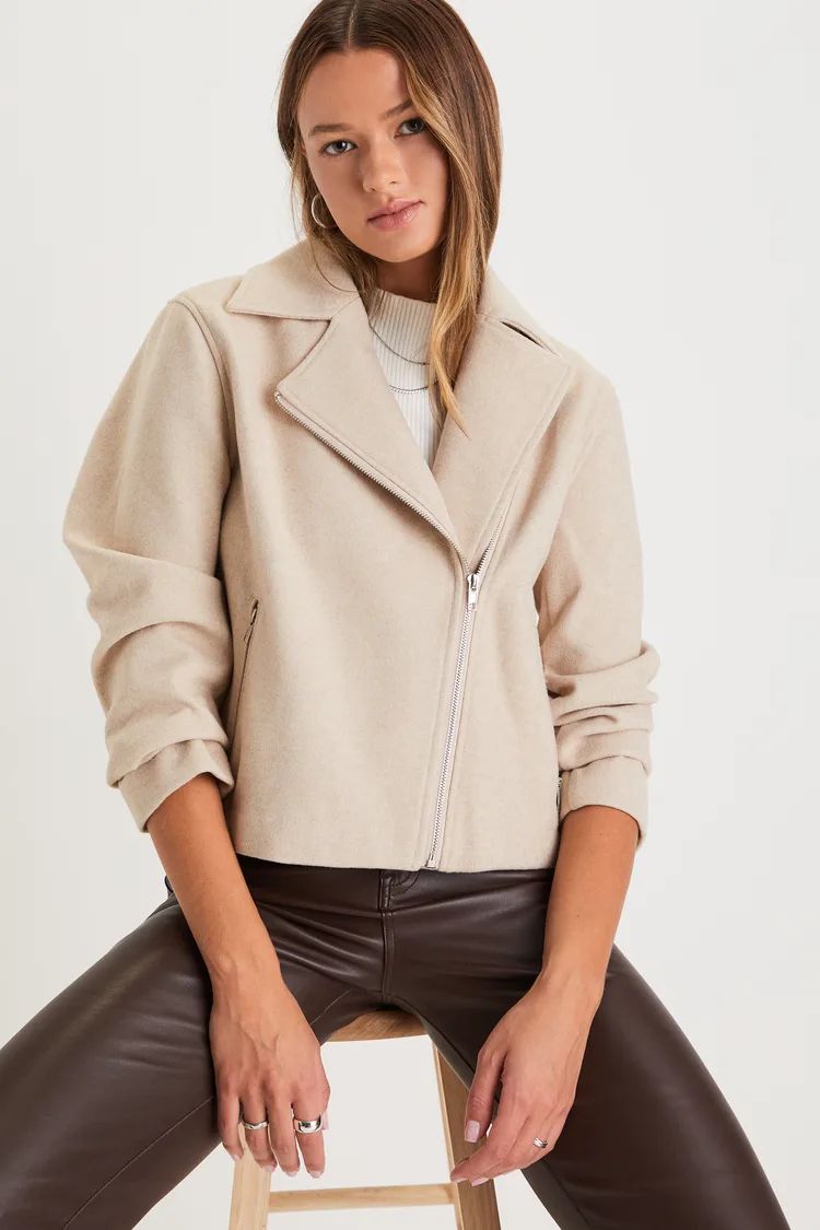 Confident Edge Heather Beige Moto Jacket | Lulus