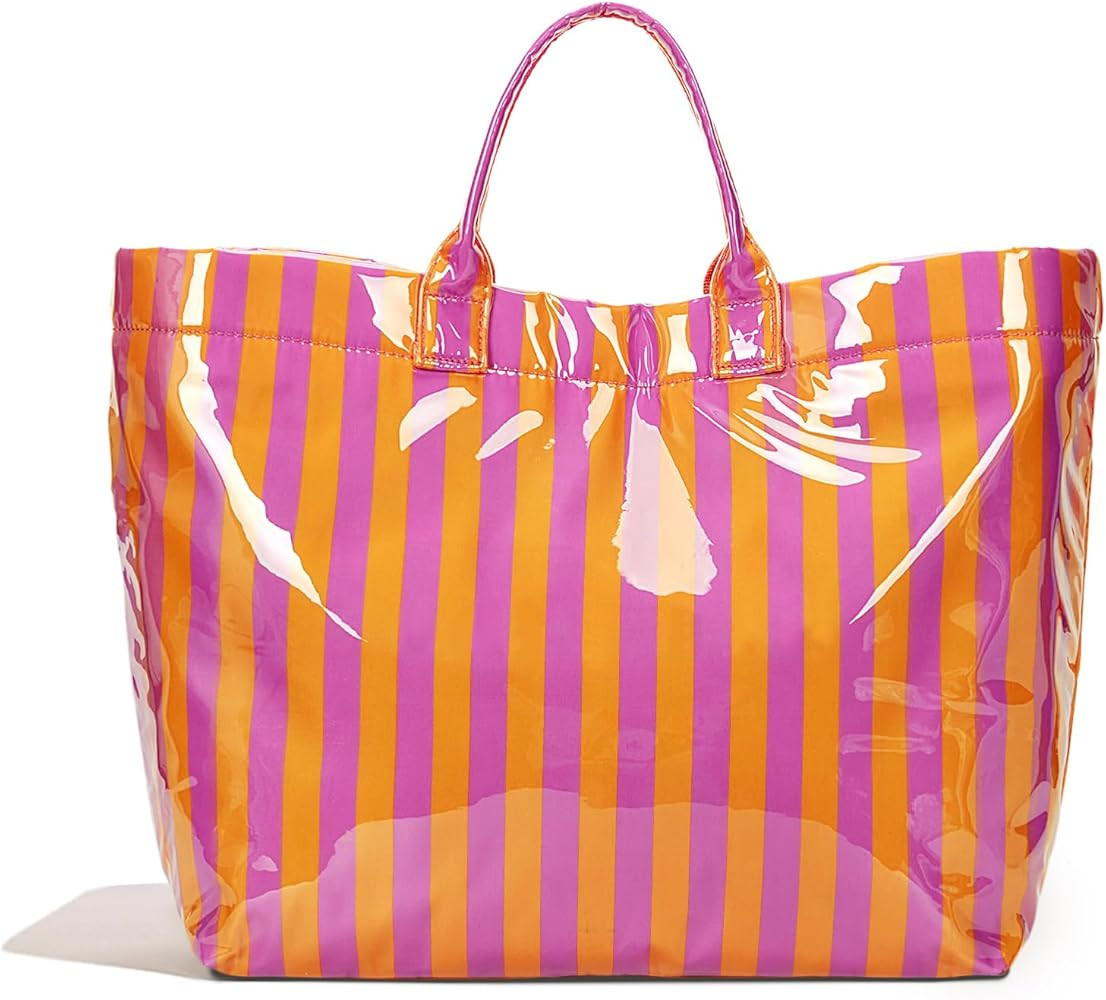 Lushandy Striped PVC Tote Bag for Women, Waterproof Plastic Tote Bag for Beach Pool Large Top Han... | Amazon (US)