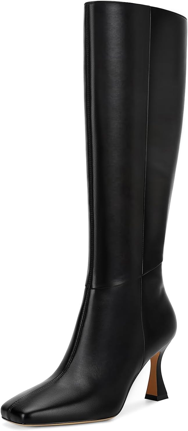 Black Leather Knee High Boots for Women Stiletto Kitten Heeled Sexy Boots Square Toe and Side Zipper Design Fashion Dress Boots | Amazon (US)