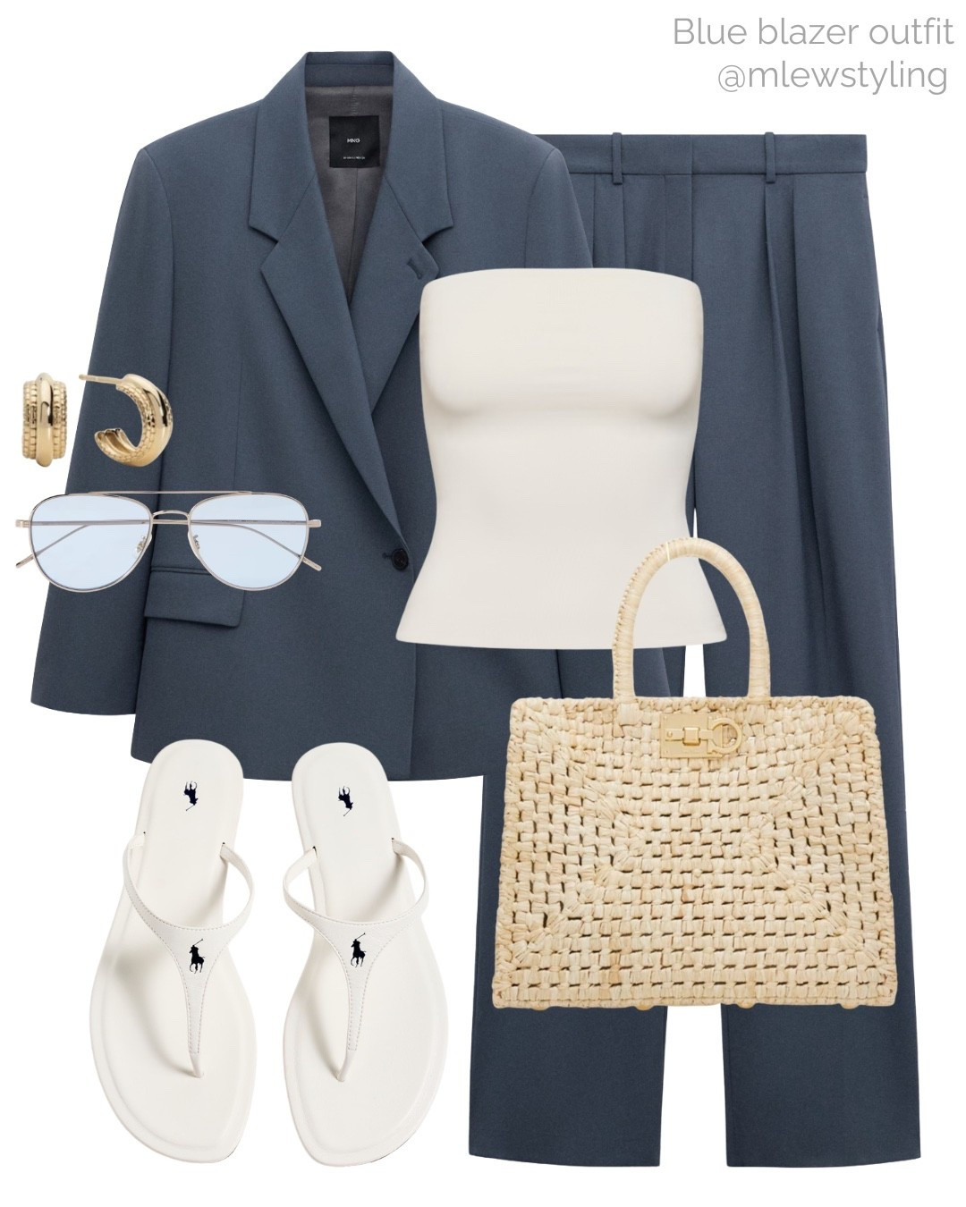 Blue blazer outfit for spring 💙￼

Tags: new-in mango, Ferragamo raffia tote bag, polo Ralph Lauren sandals, aviaor sunglasses, aritzia tube top, gold hoop earrings, casual office outfit, neutral aesthetic, capsule wardrobe 

#LTKgrwm #LTKWorkwear #LTKootd