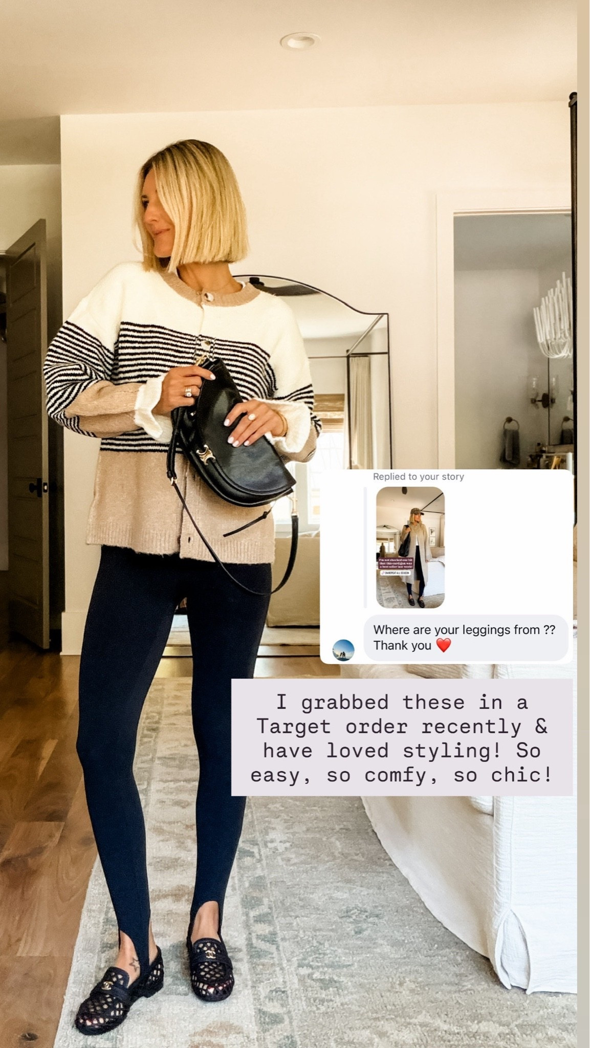 How chic is this look! Gives me major European/ Parisian vibes with the neutral palette and elevated accessories! Linking similar pieces to my higher end ones I’m wearing! Wearing small in cardigan and leggings

Loverly grey, Amazon fashion, chanel flats, neutral outfit ideas, capsule wardrobe, stirrup leggings, target style finds