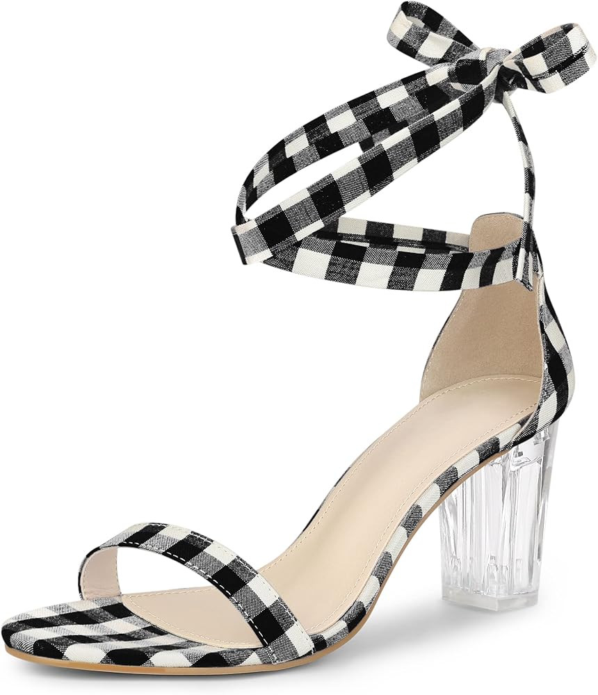 Allegra K Women's Plaid Heel Lace Up Clear Chunky Heels Sandals | Amazon (US)