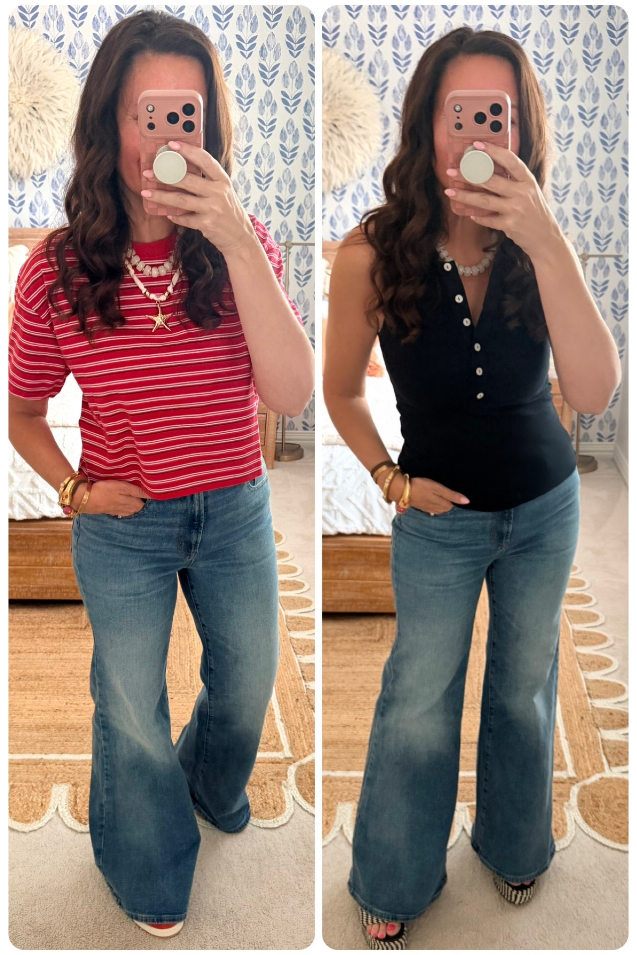 The viral Target flare jeans! High waisted and SO flattering! Available in short, regular and long lengths online! $28 this week!!!
Striped tee is on sale for $14. Size small.
Button down henley tanks are on sale for $8! Wearing a small. 4 color ways.
.

#LTKootd #LTKOver40 #LTKSaleAlert