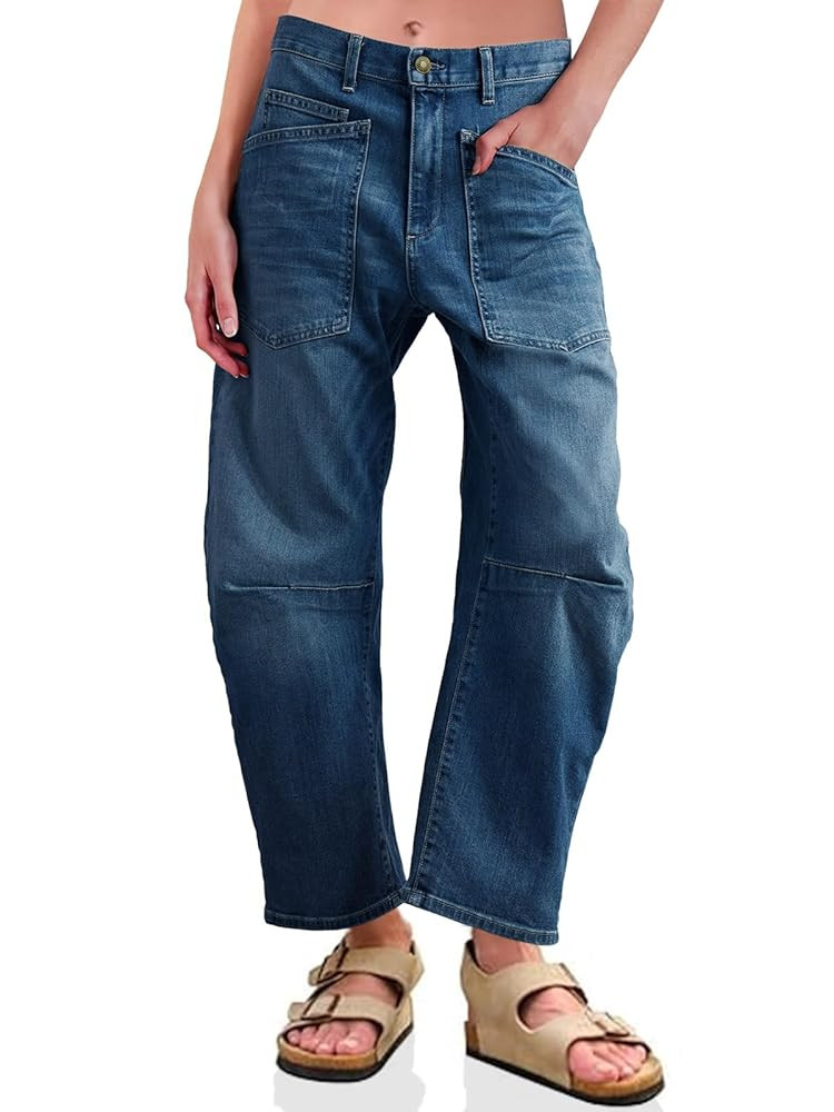 PLNOTME Womens Baggy Barrel Jeans Boyfriend High Waisted Wide Leg Cropped Ankle Denim Pants | Amazon (US)